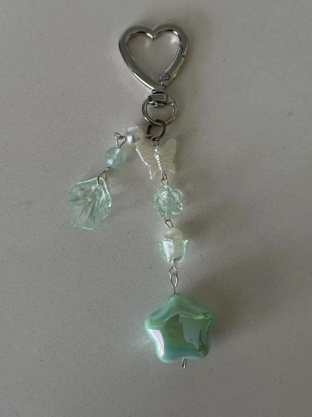 Handmade Y2K Style Pastel Green Star and Butterfly Beaded Keychain